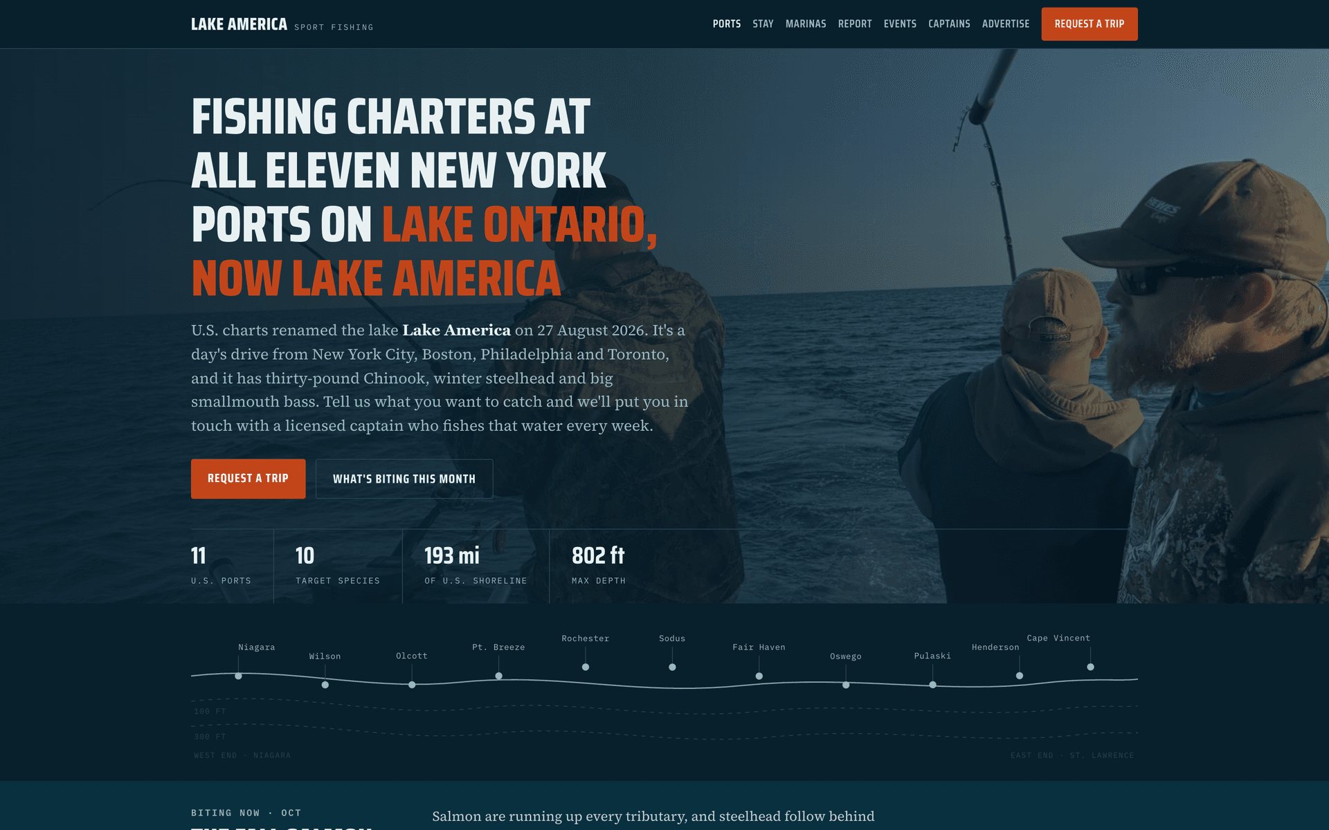 Lake America homepage: fishing charters at all eleven New York ports