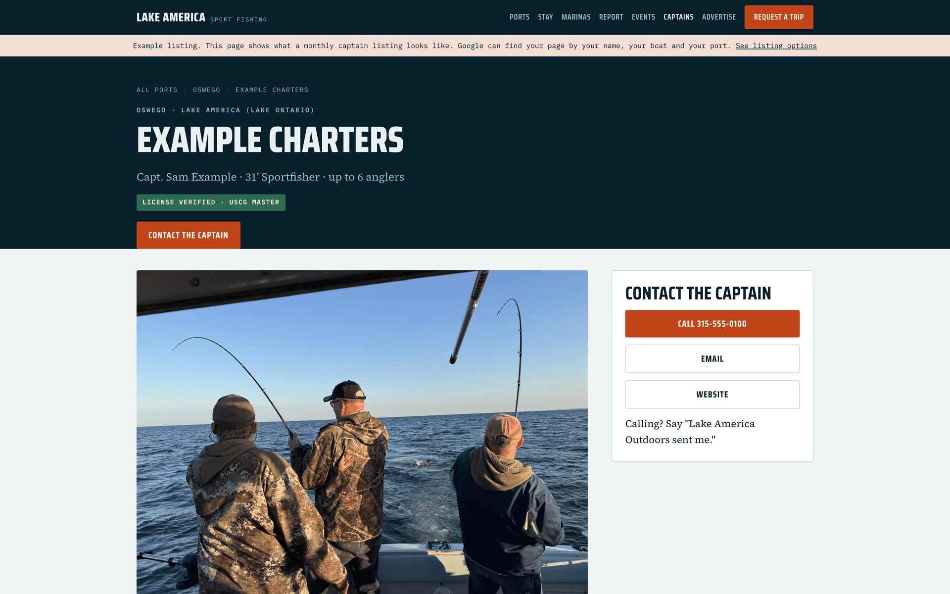 Example charter captain listing page