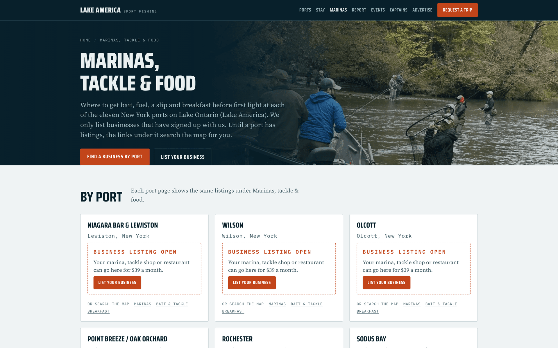 Marinas, tackle and food listings by port