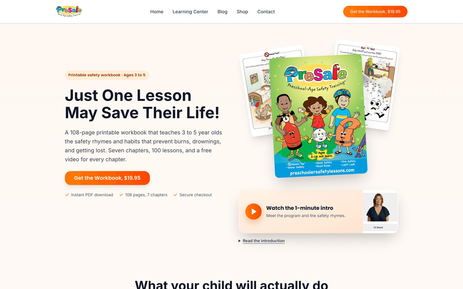 PreSafe homepage with the workbook, its price, and the intro video