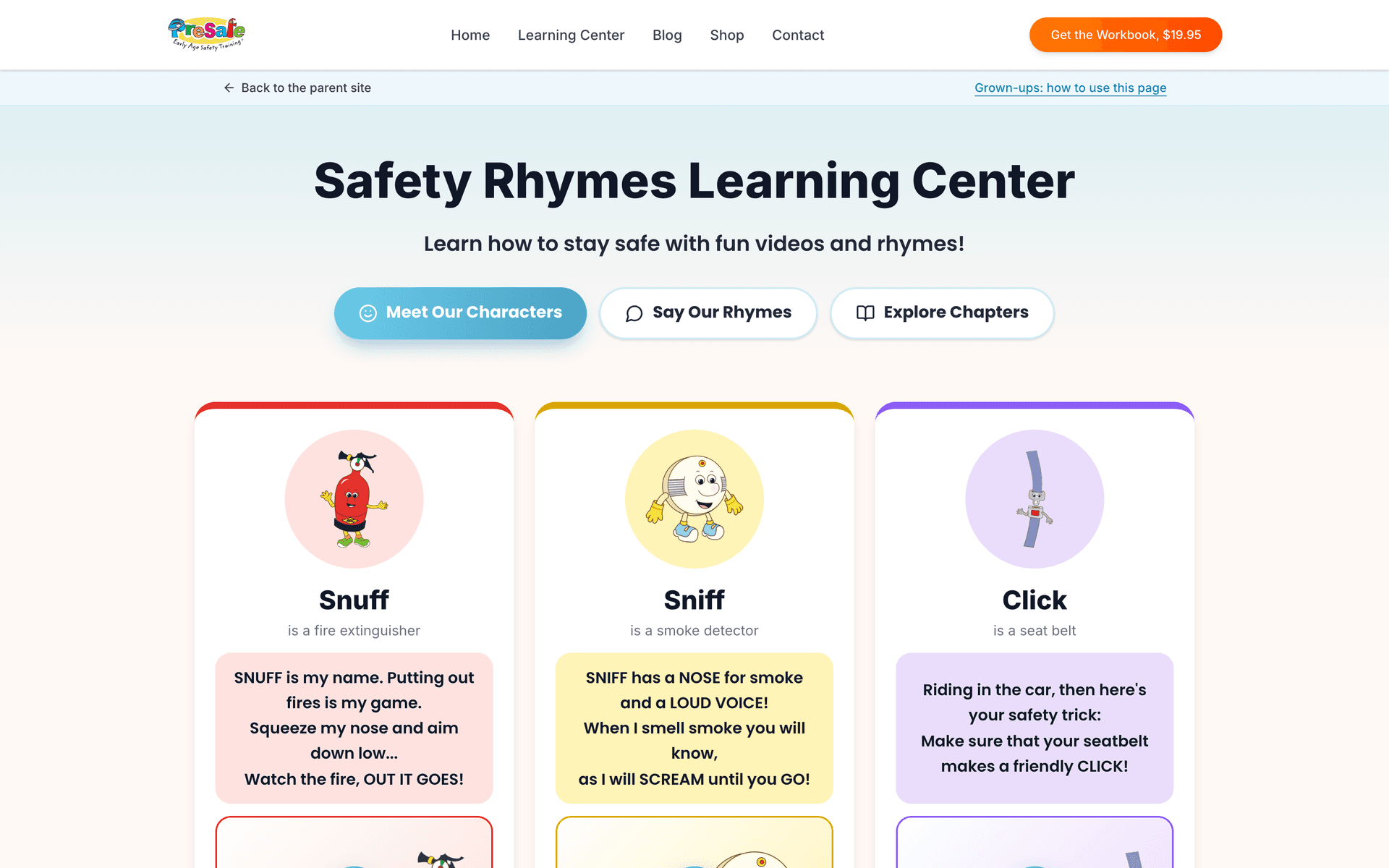 Safety Rhymes Learning Center with character cards and rhymes