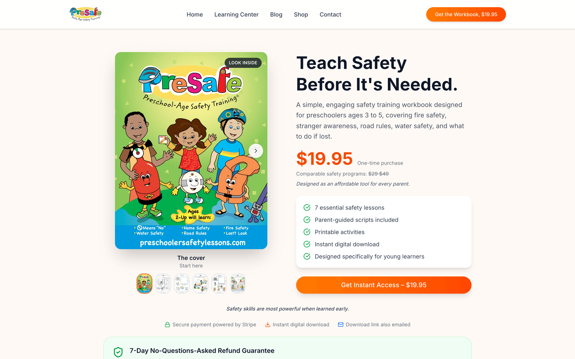 Shop page for the printable PreSafe workbook at $19.95