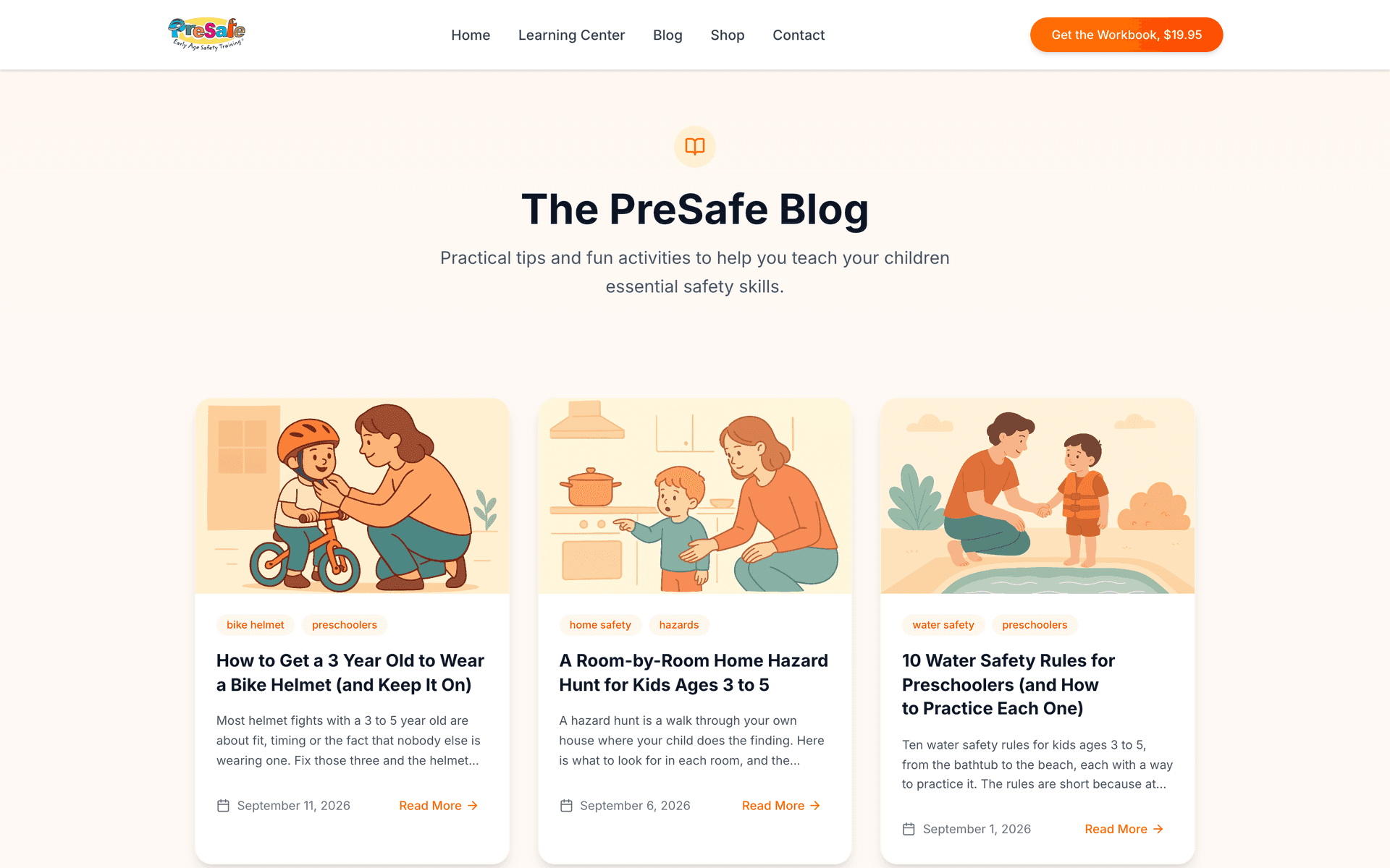 The PreSafe blog index with illustrated post cards