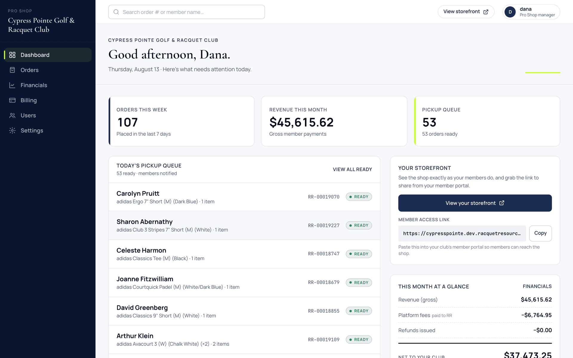 Pro Shop staff dashboard with pickup queue and revenue