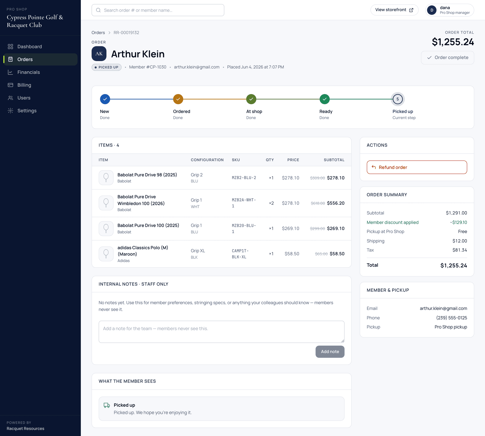 Order detail with five-step fulfillment workflow