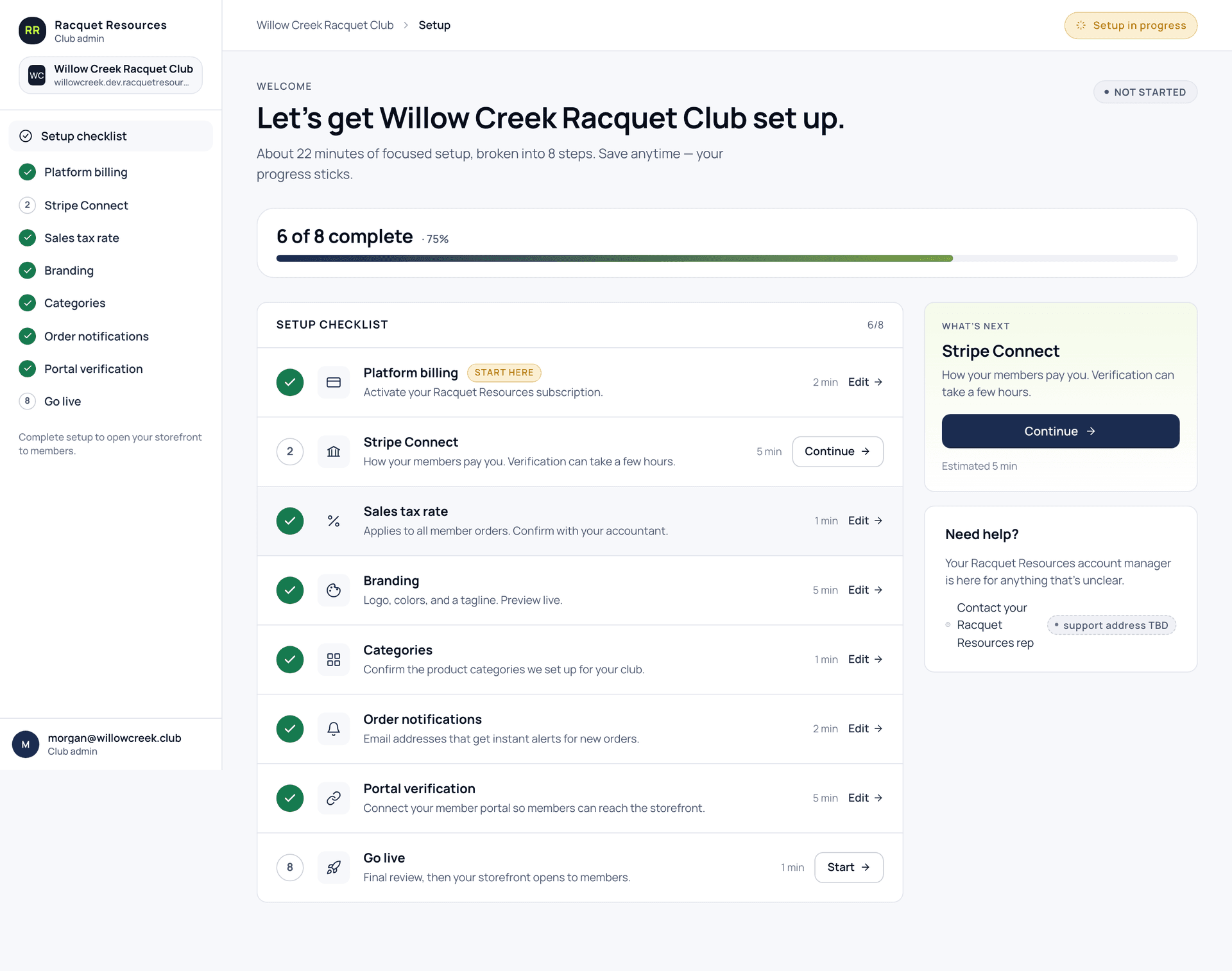 Eight-step guided club onboarding checklist
