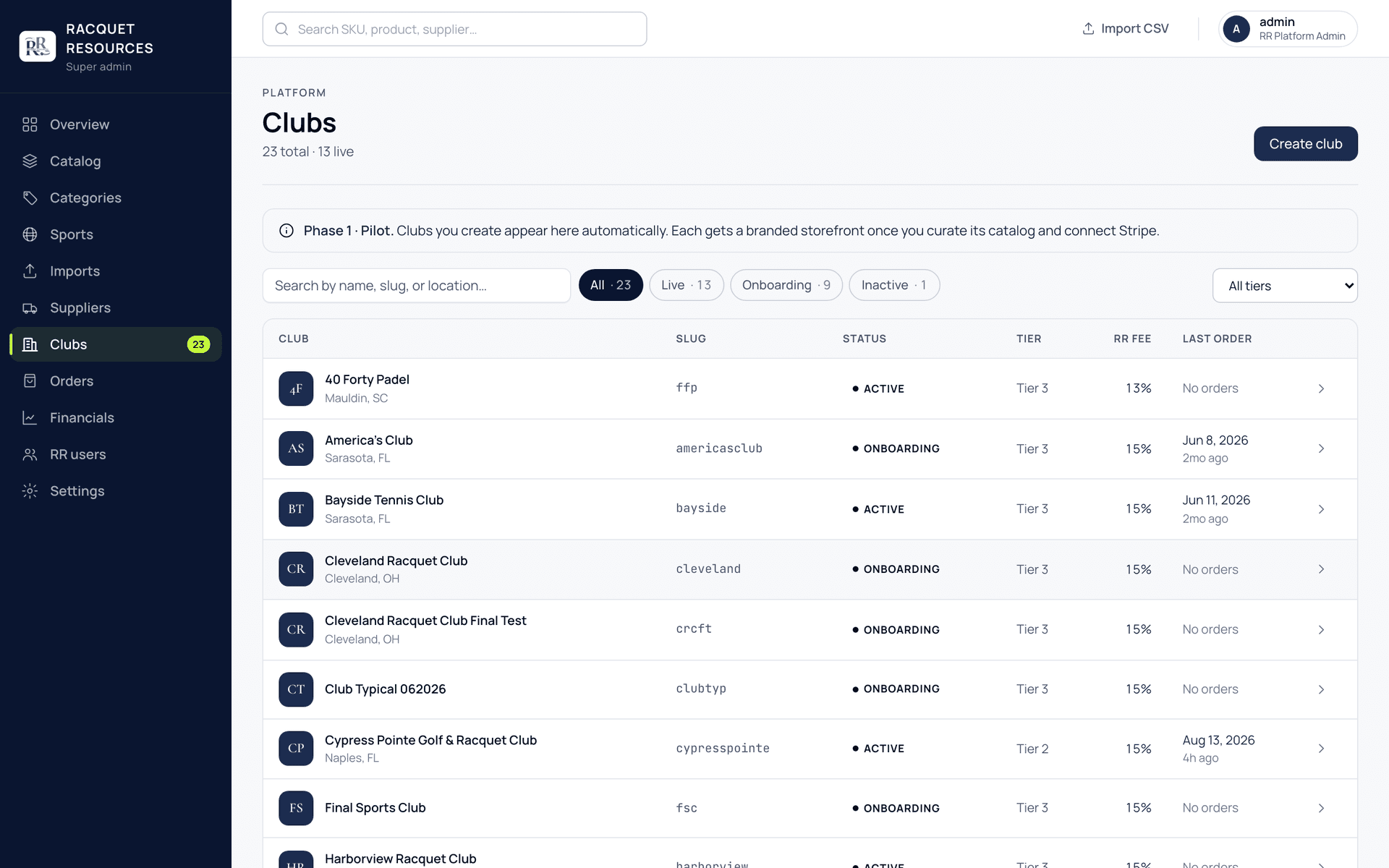 Club lifecycle list in the platform console