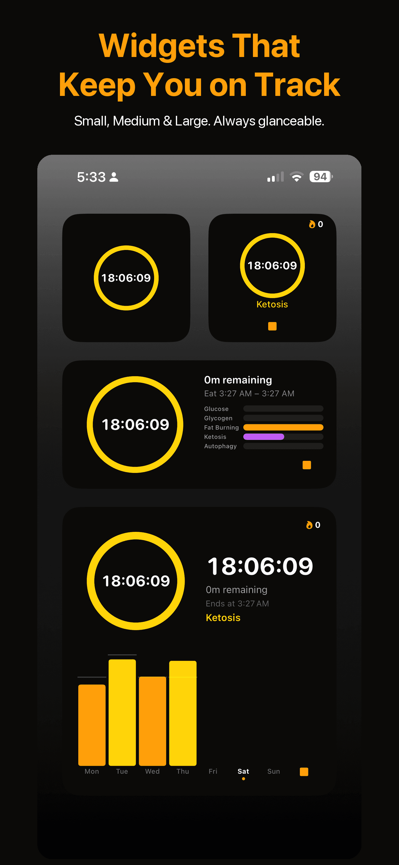 Home screen widgets in small, medium, and large sizes showing fasting progress