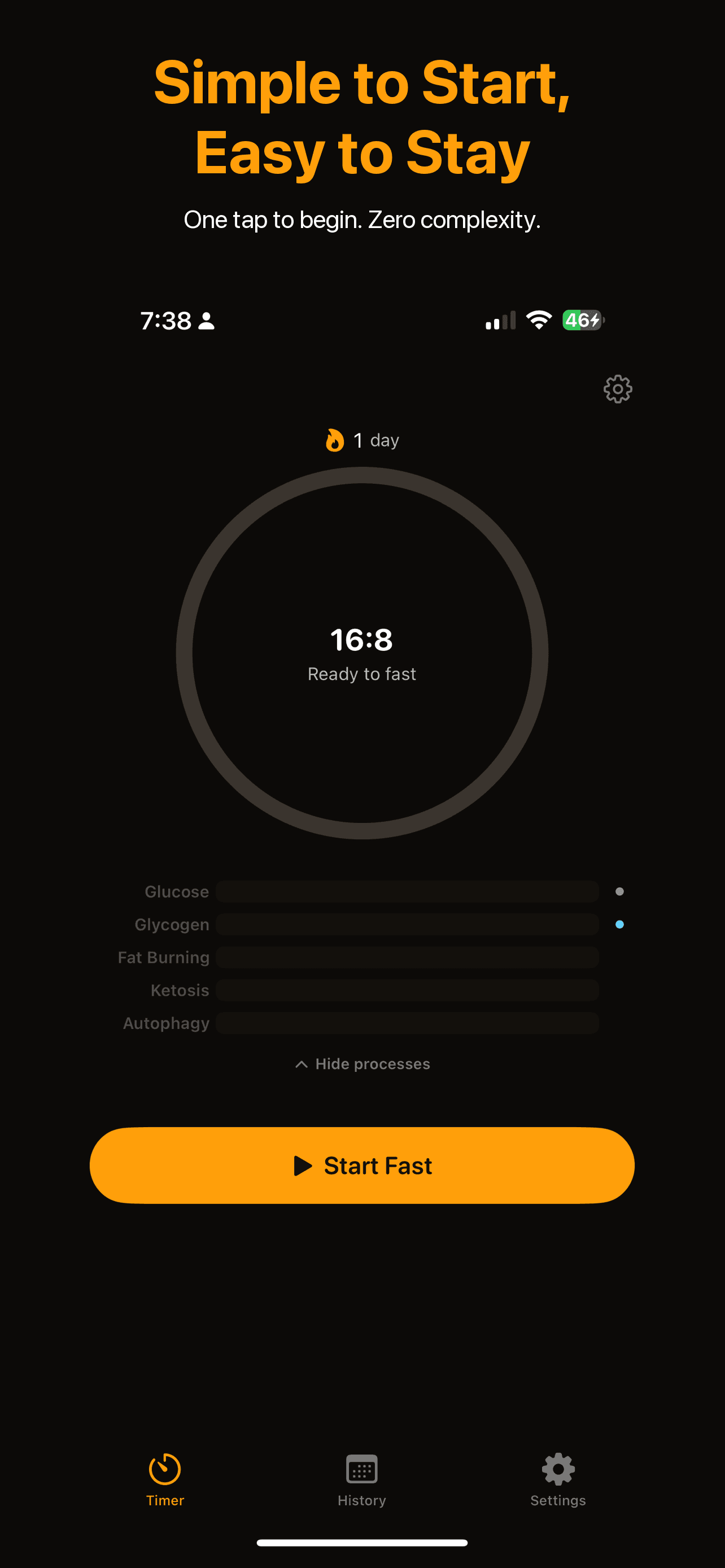Idle timer ready to start a 16:8 fast with one tap