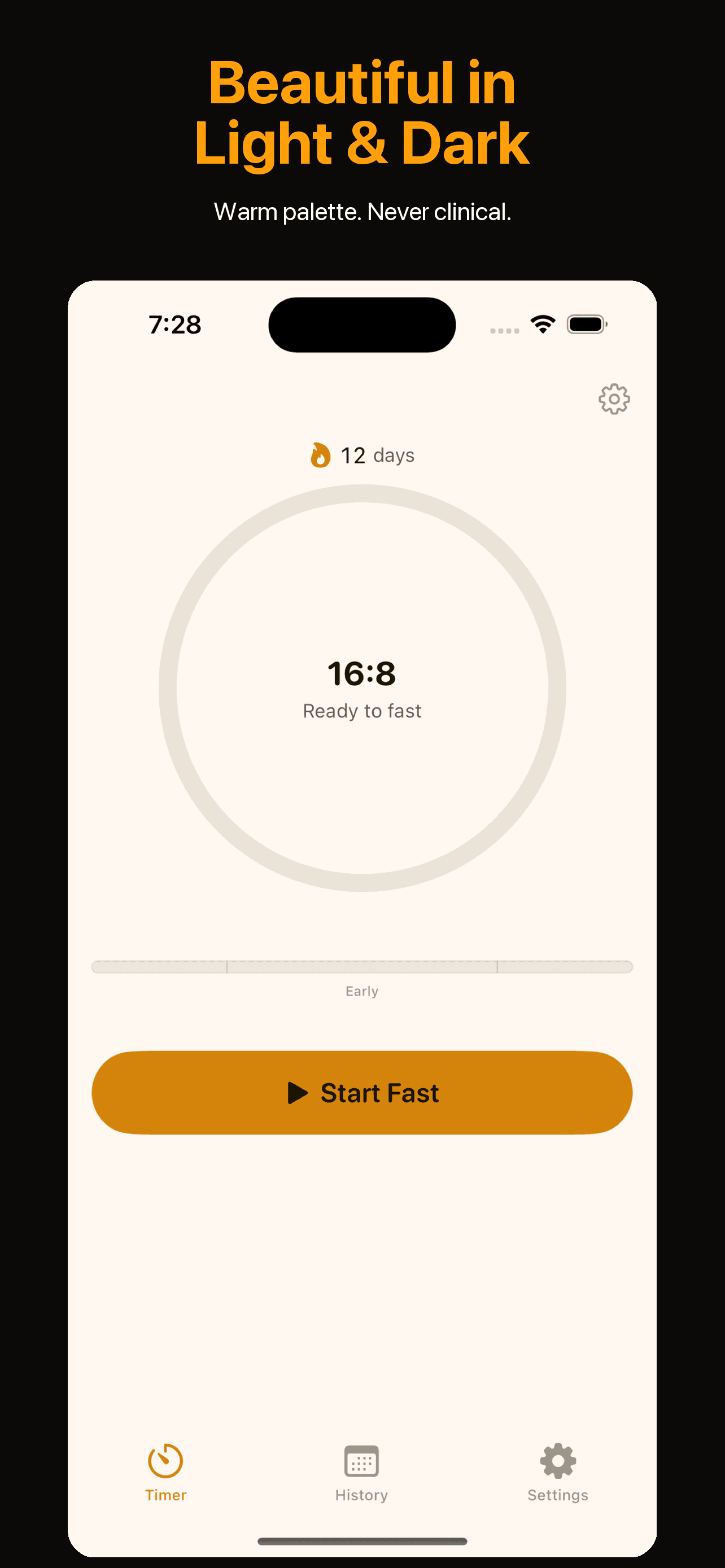 Light mode timer with warm palette showing 12 day streak
