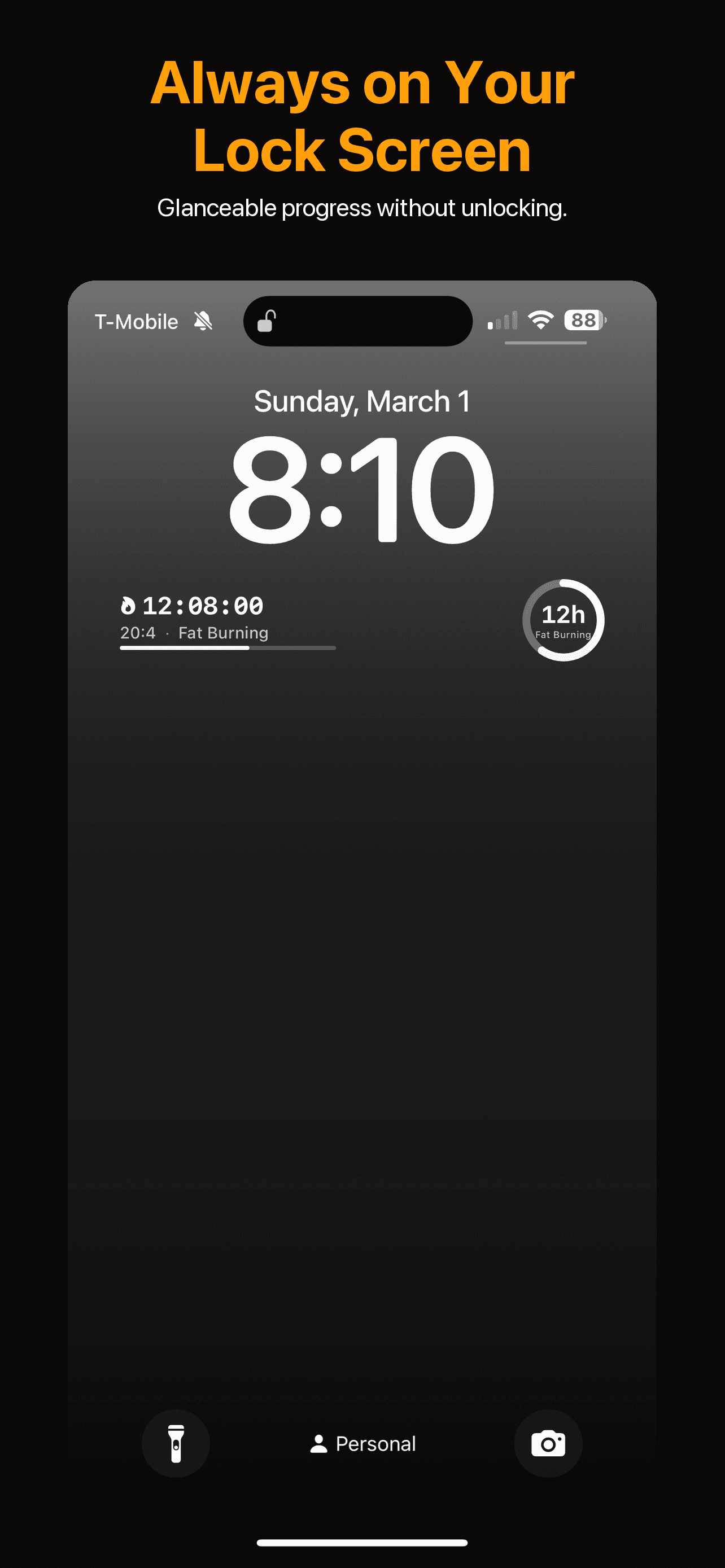 Lock screen widgets showing fasting timer and metabolic zone at a glance