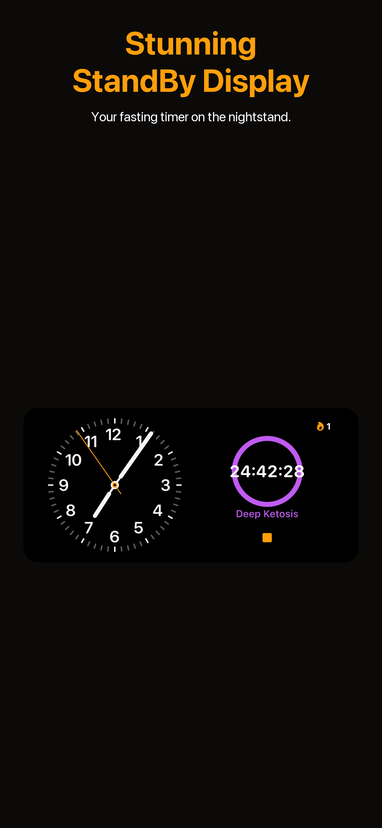 StandBy display showing fasting timer in deep ketosis alongside analog clock
