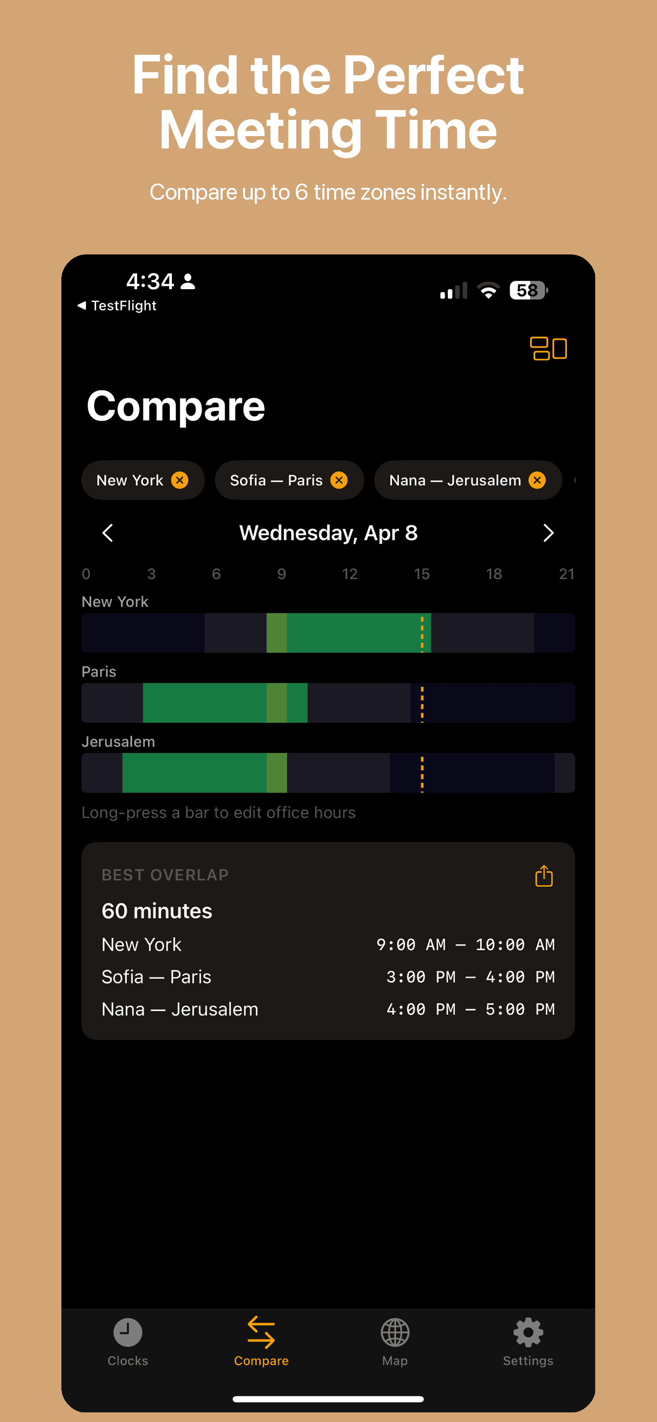 Overlap finder tool comparing working hours across three time zones