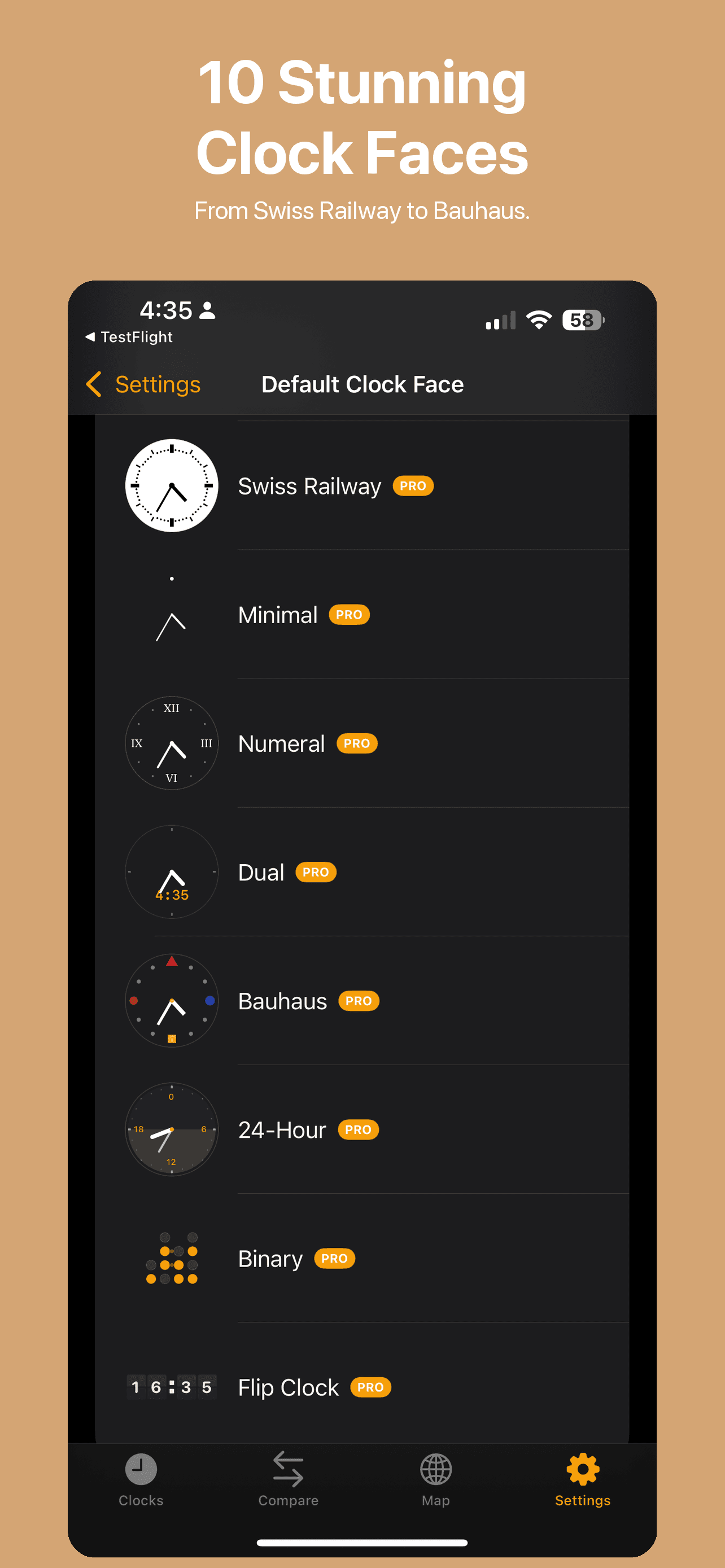10 clock face styles including Swiss Railway, Bauhaus, Minimal, and Flip Clock