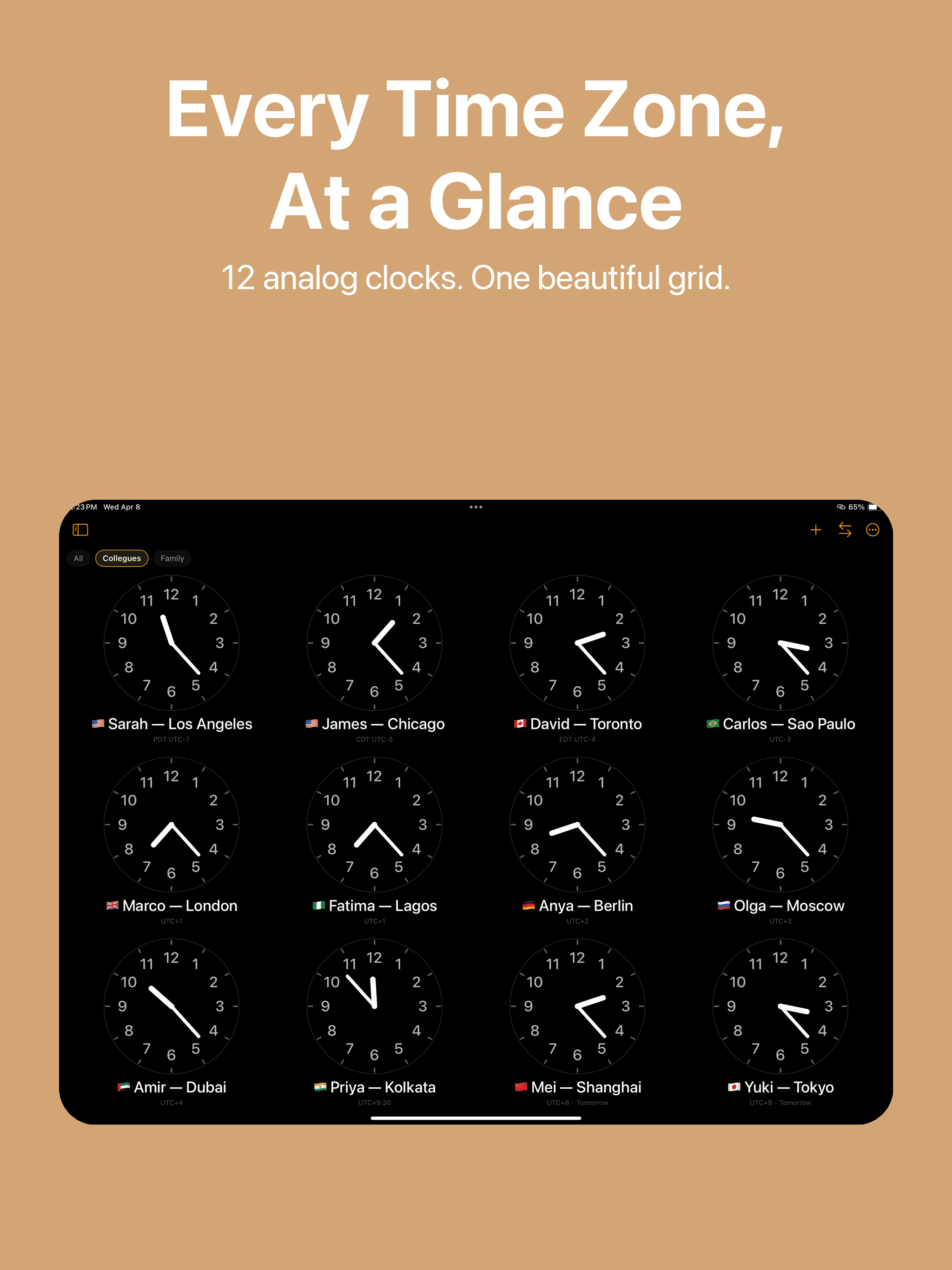 iPad showing 12 analog clocks in a beautiful grid — every time zone at a glance