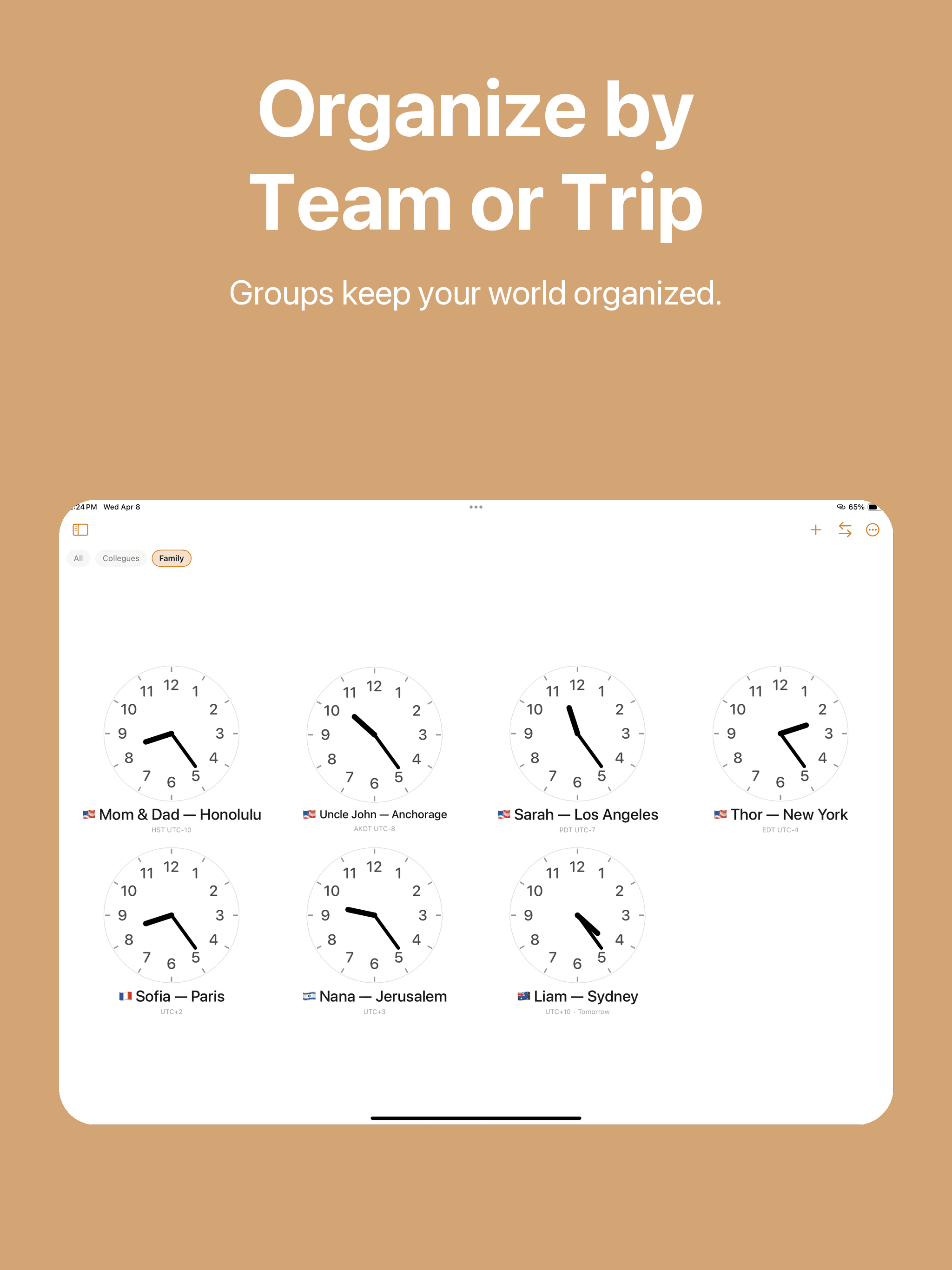 iPad groups view organizing clocks by Family with contacts in different cities