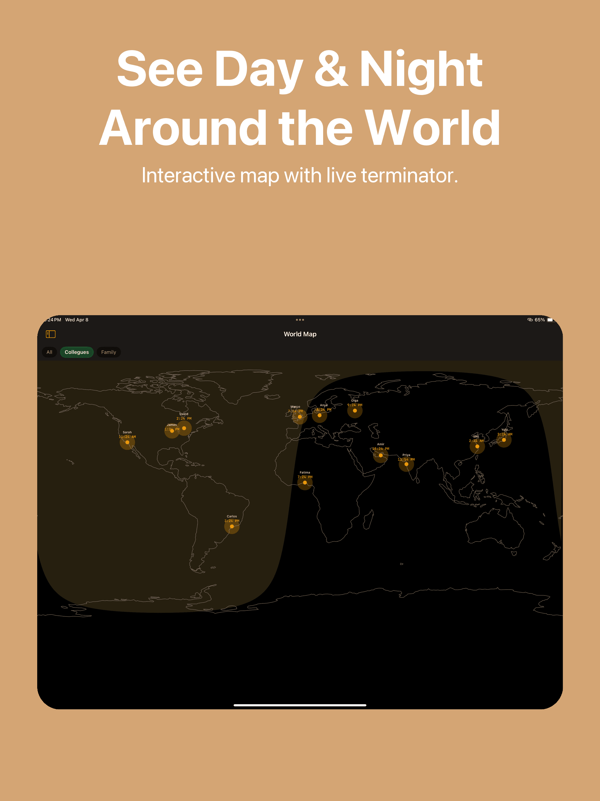 iPad world map with live day and night terminator and pinned clock locations