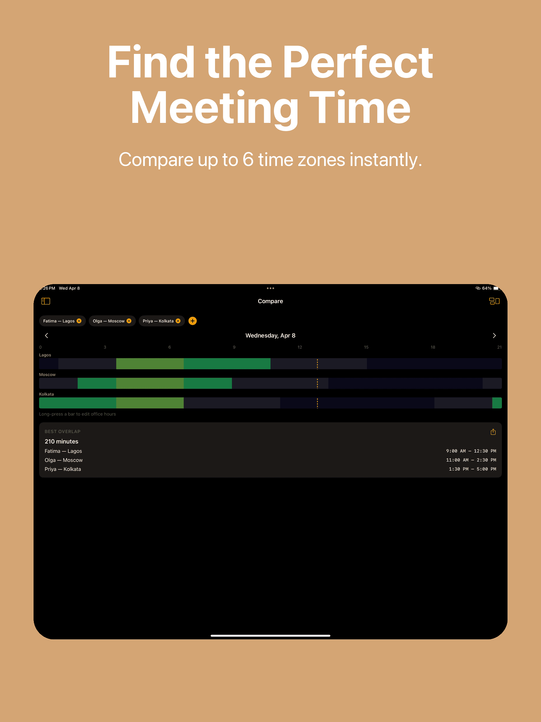 iPad overlap finder comparing meeting times across Lagos, Moscow, and Kolkata
