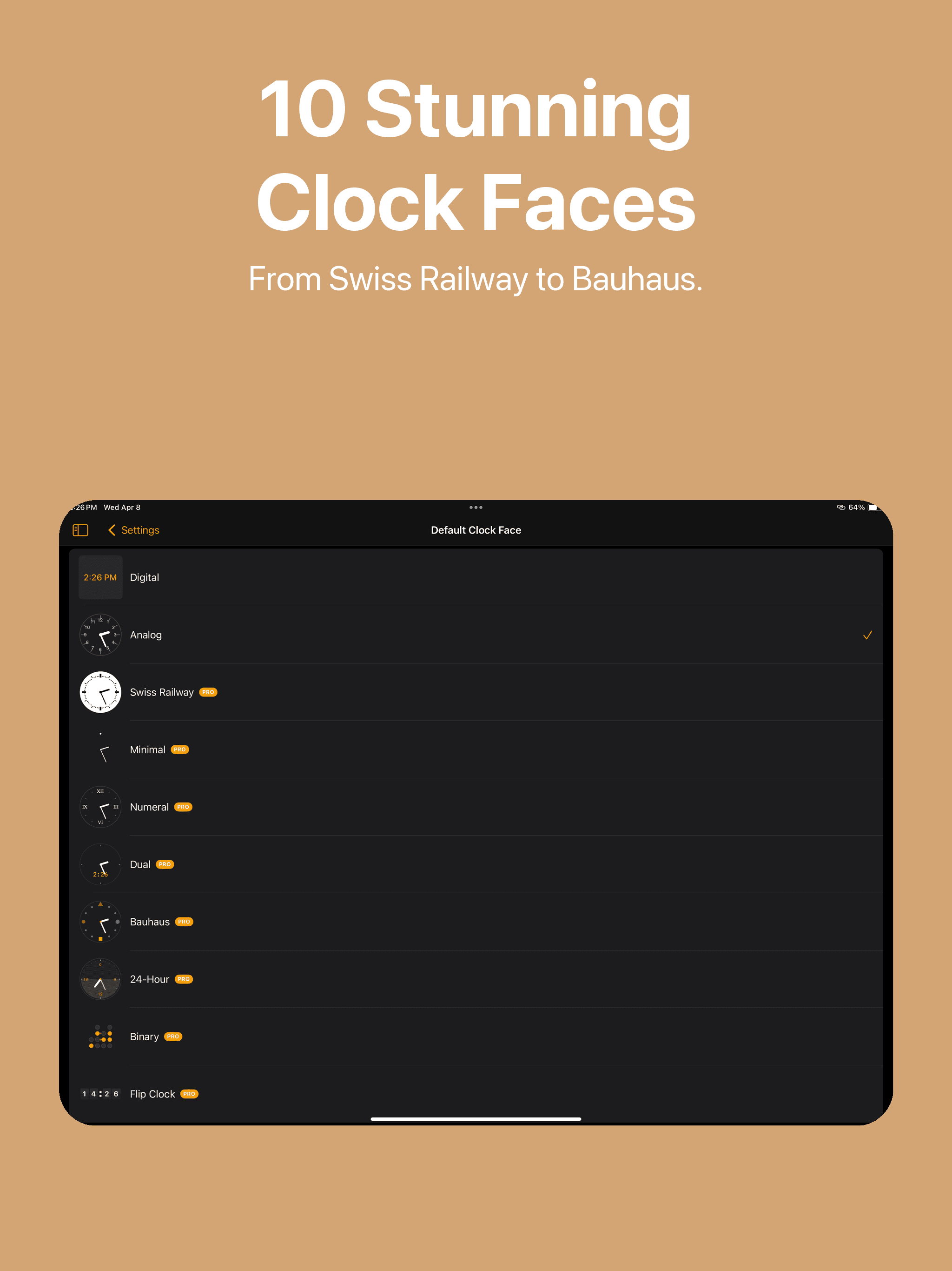 iPad settings showing all 10 clock face styles from Digital to Flip Clock