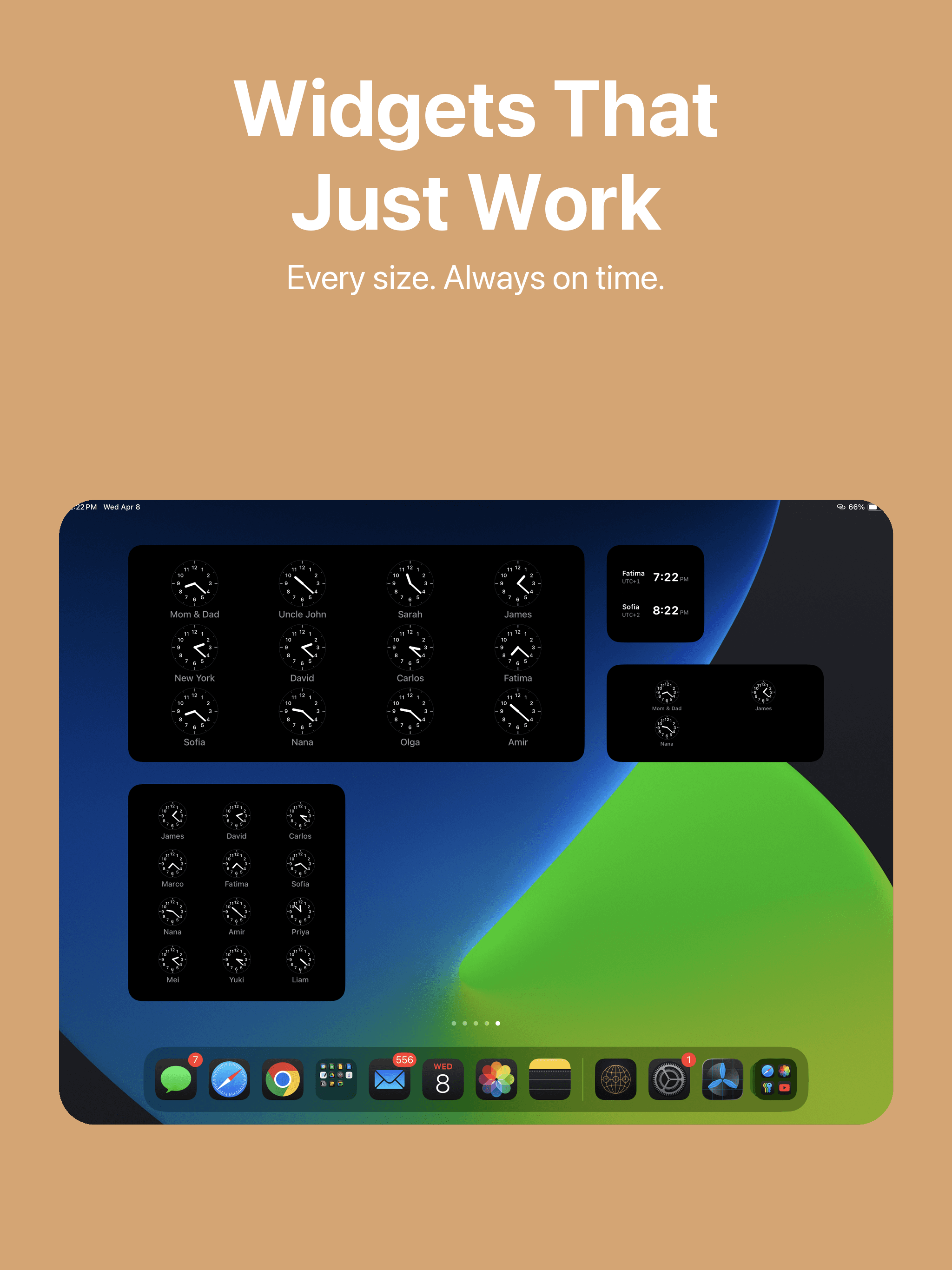 iPad home screen filled with Longitude widgets in every available size