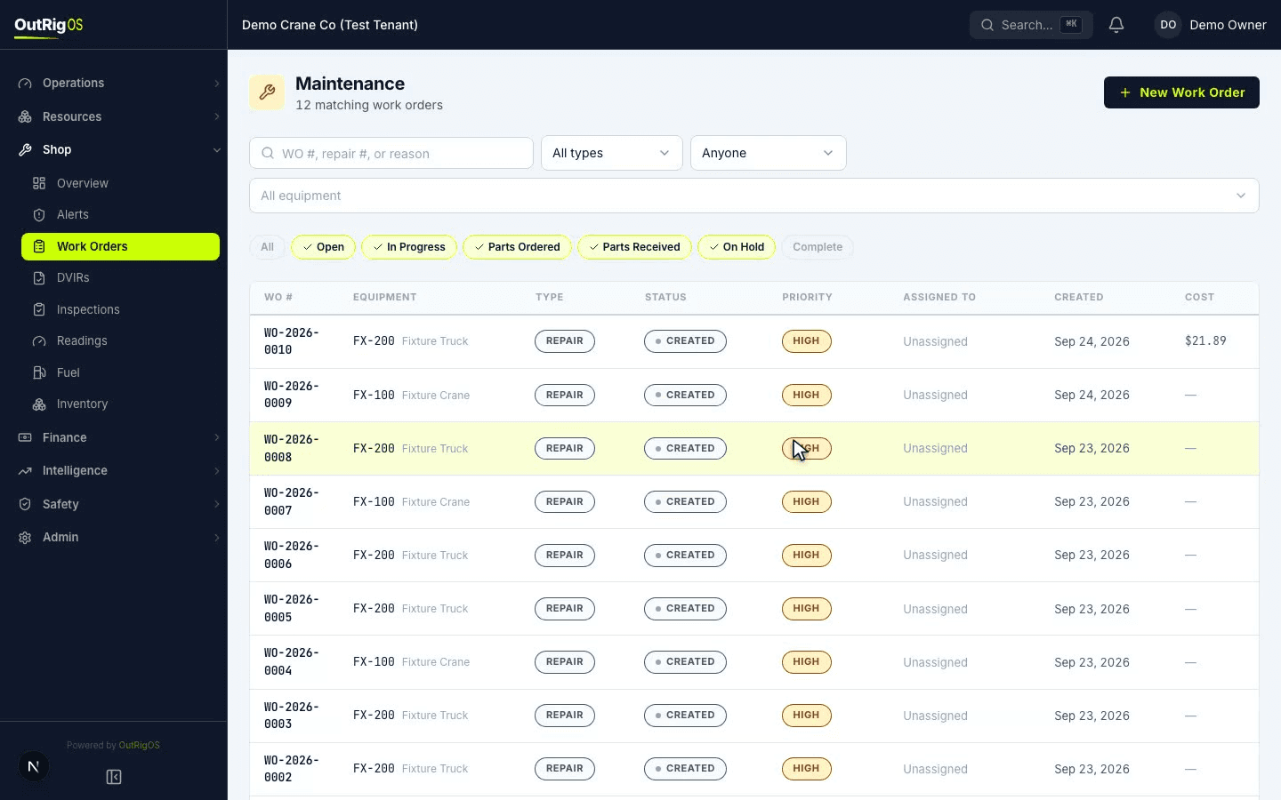Shop work orders list in the OutRigOS operator app, on the demo company