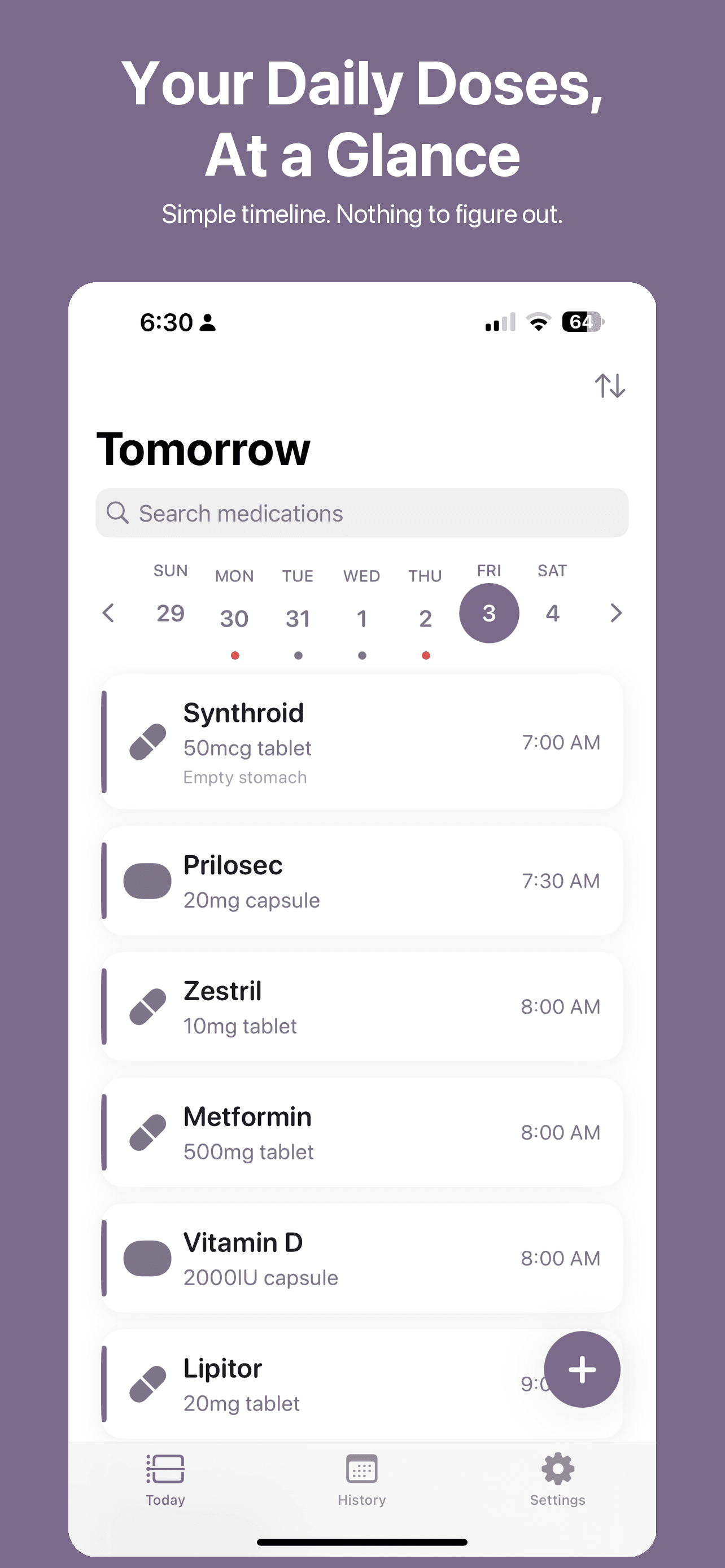 Today's Pills timeline view in light mode