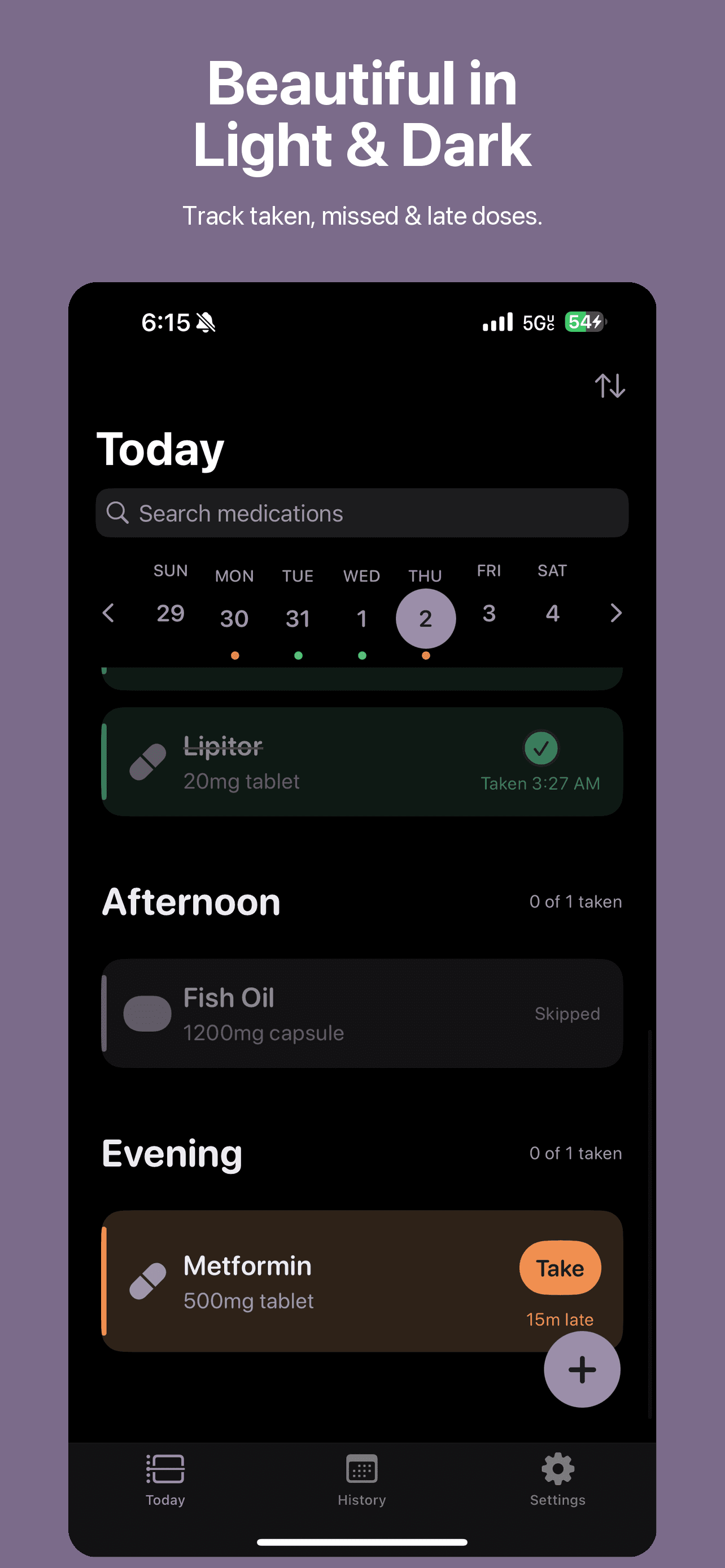 Today's Pills timeline view in dark mode
