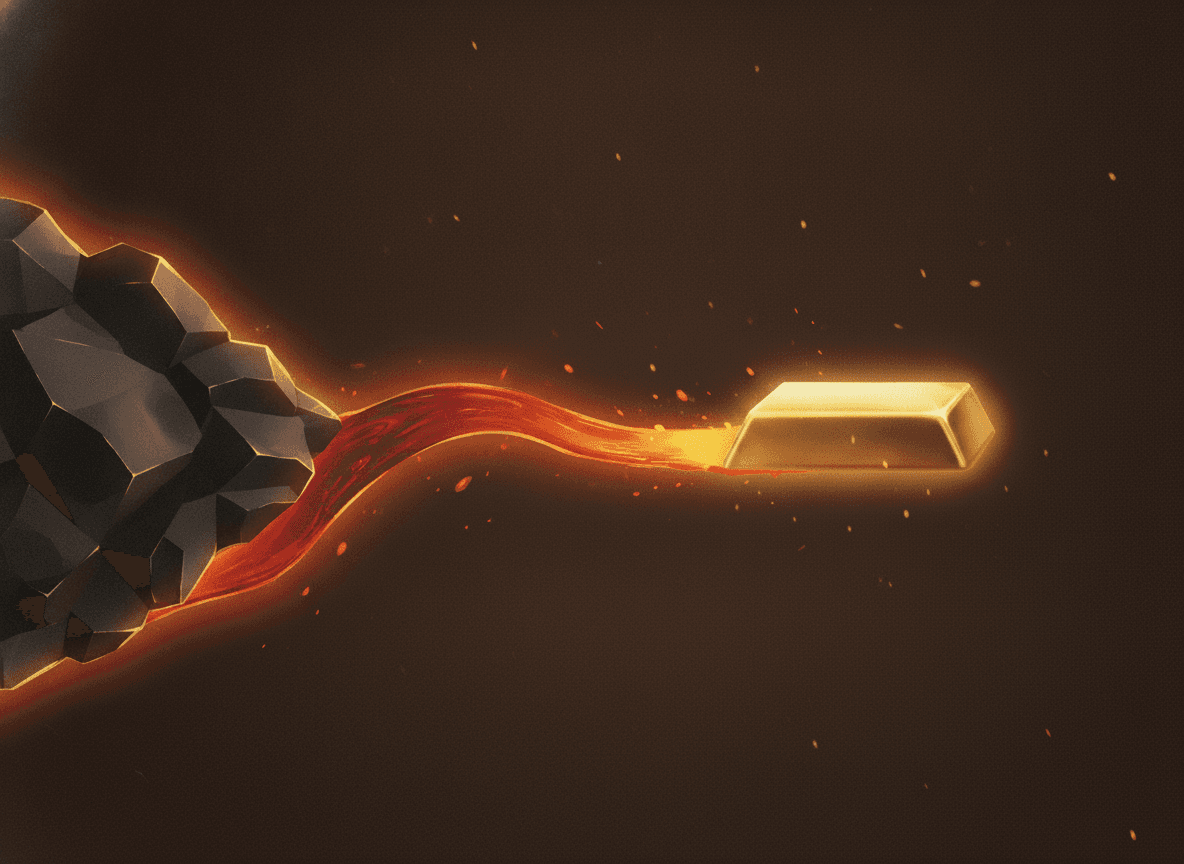 Raw iron forged into a gold bar