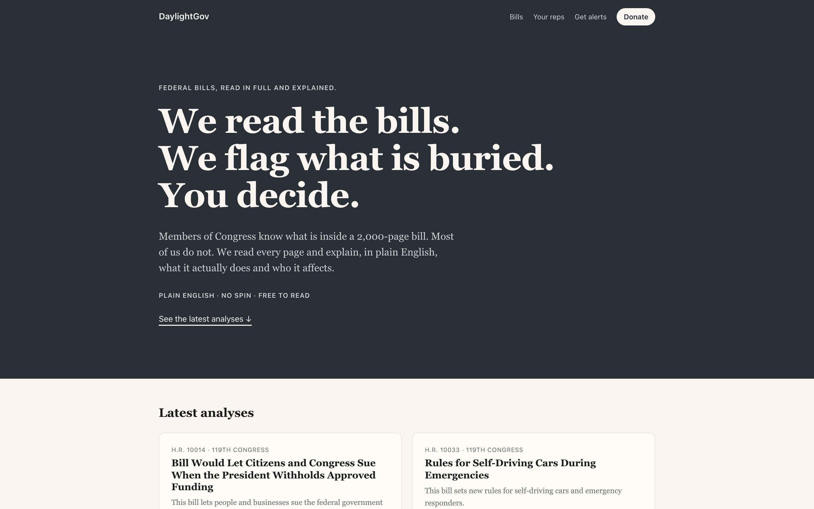 DaylightGov homepage: We read the bills. We flag what is buried. You decide.