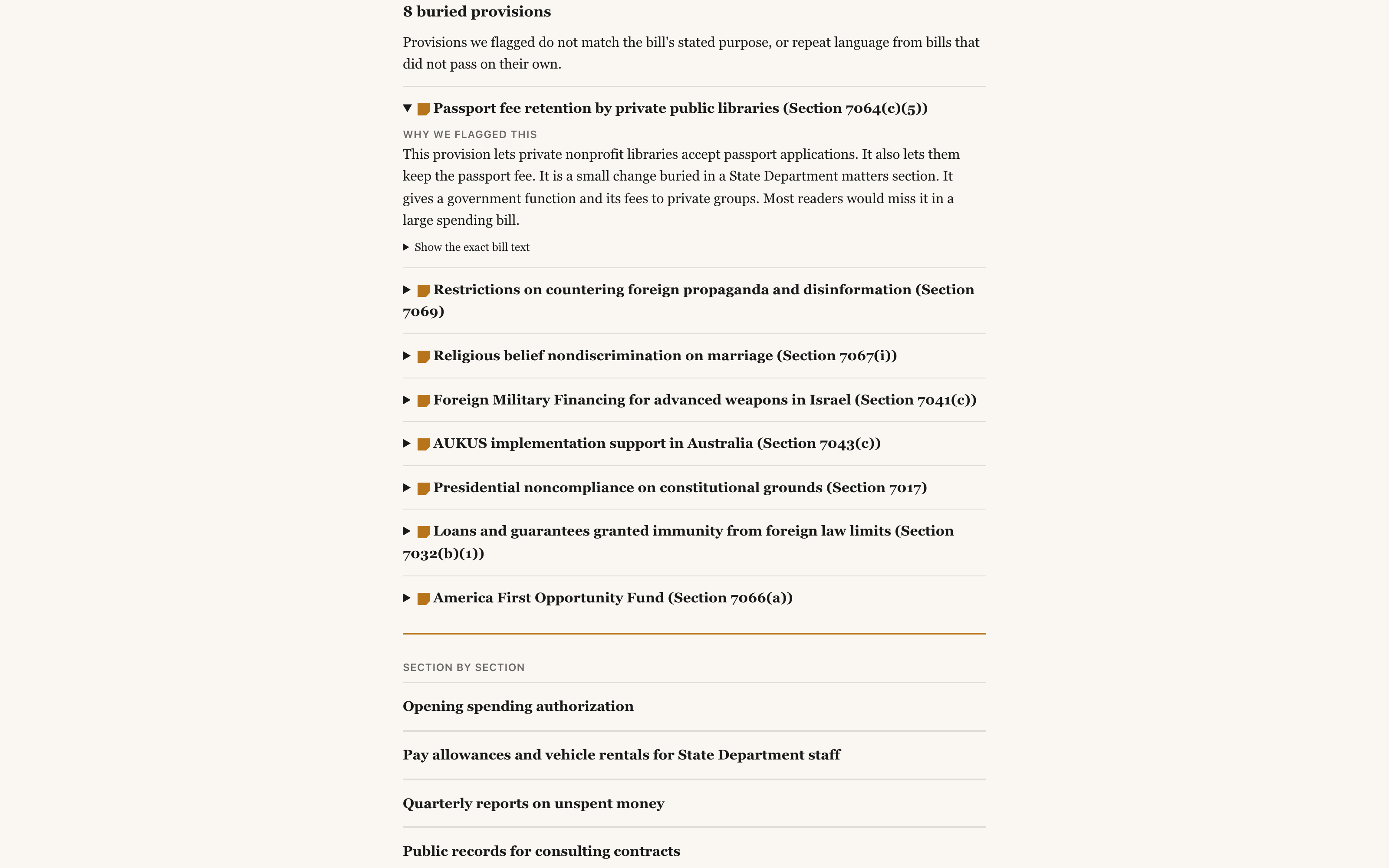 Buried provisions flagged with expandable explanations and exact bill text