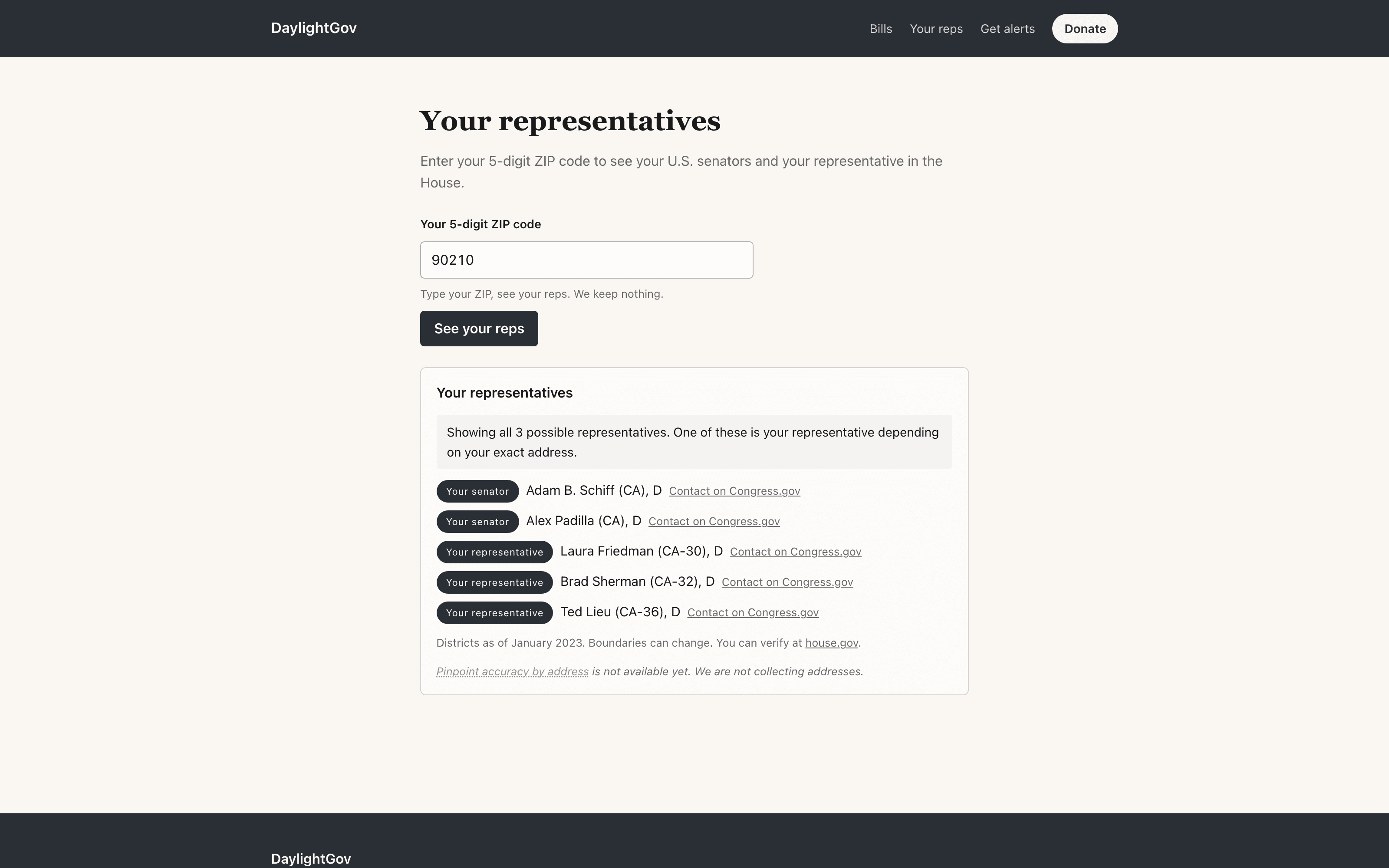 Find Your Reps ZIP code lookup showing senators and House representatives